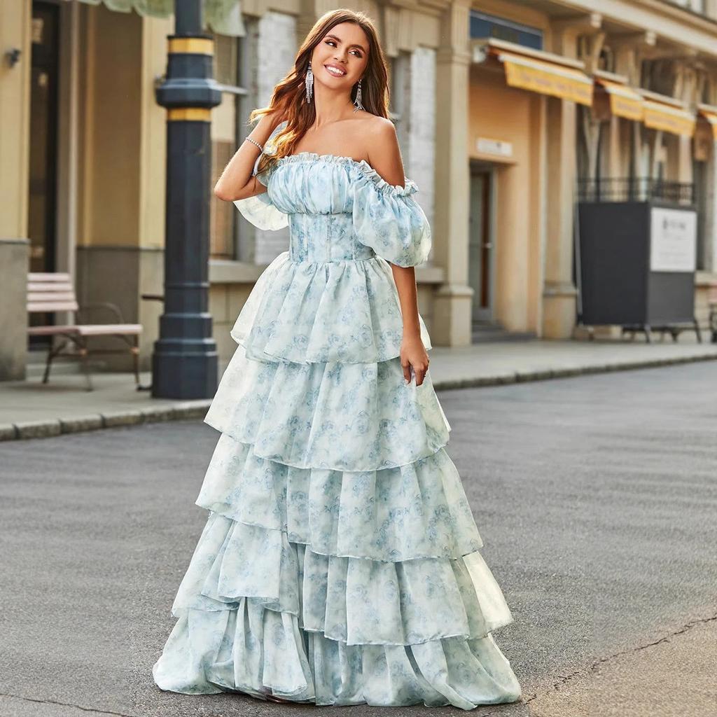 Идиллическое сладкое платье-торт Европейские и американские пышные короткие рукава шнуровка на талии однотонное цветочное платье-фея длинное платье