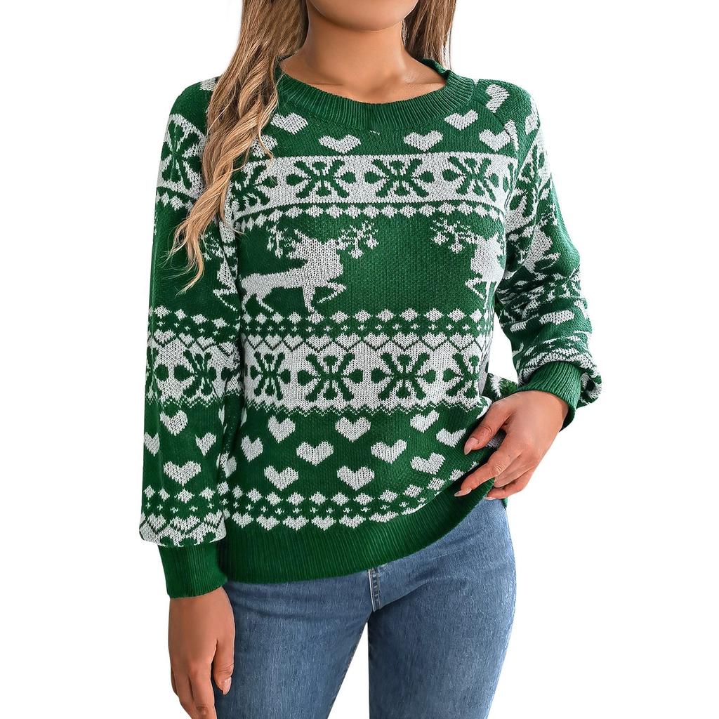 Women's Fashion Casual Loose Christmas Deer Pattern Contrast Color Sweater Long Sleeve Pullover Top