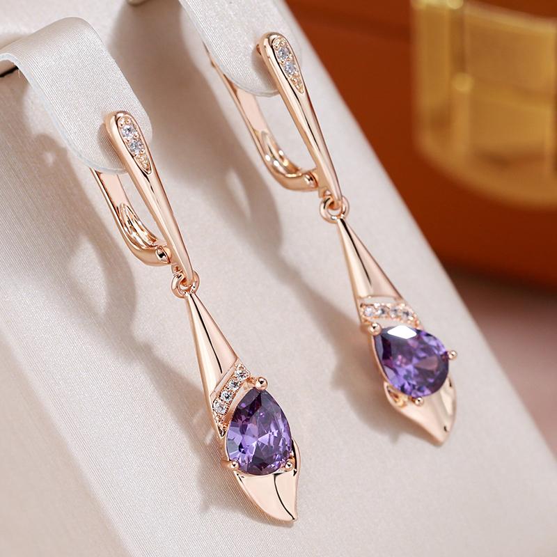 Гладкие золотые серьги-подвески с фиолетовым цирконом для женщин, сверкающие ювелирные изделия, соответствующие аксессуары