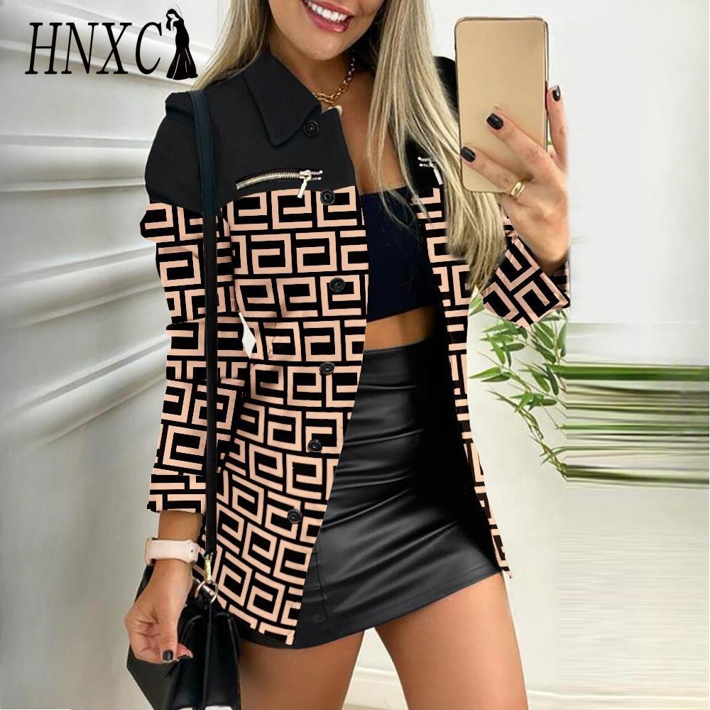 HNXC Женские винтажные повседневные куртки и пальто с решетчатым принтом, осенне-зимние куртки-поло с длинными рукавами и воротником