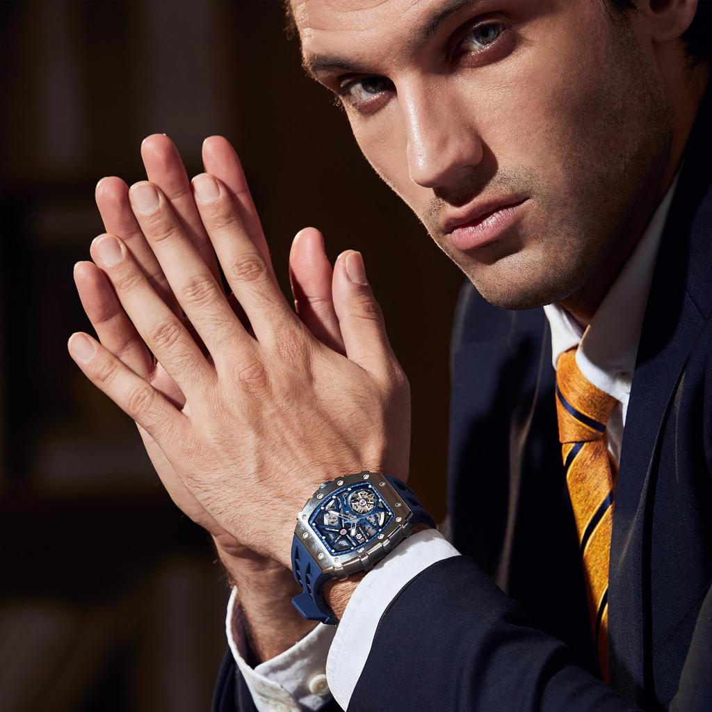 Часы TSAR BOMBA Business 50M Водонепроницаемые скелетонированные часы Стильные наручные часы из нержавеющей стали с циферблатом-бочкой для мужчин Светящийся японский механизм синего цвета