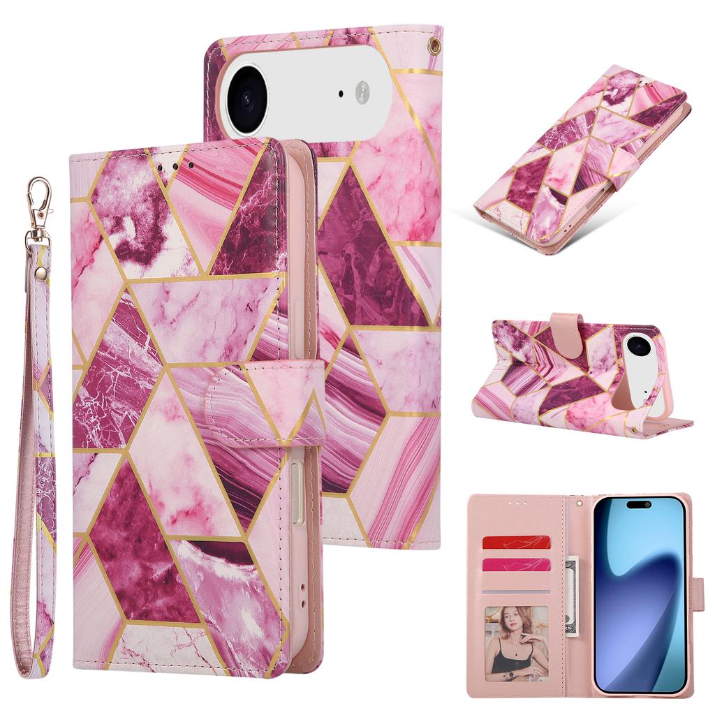 For iPhone 17 Air Case Lacquered Marble Pattern Leather Phone Cover with Wrist Strap