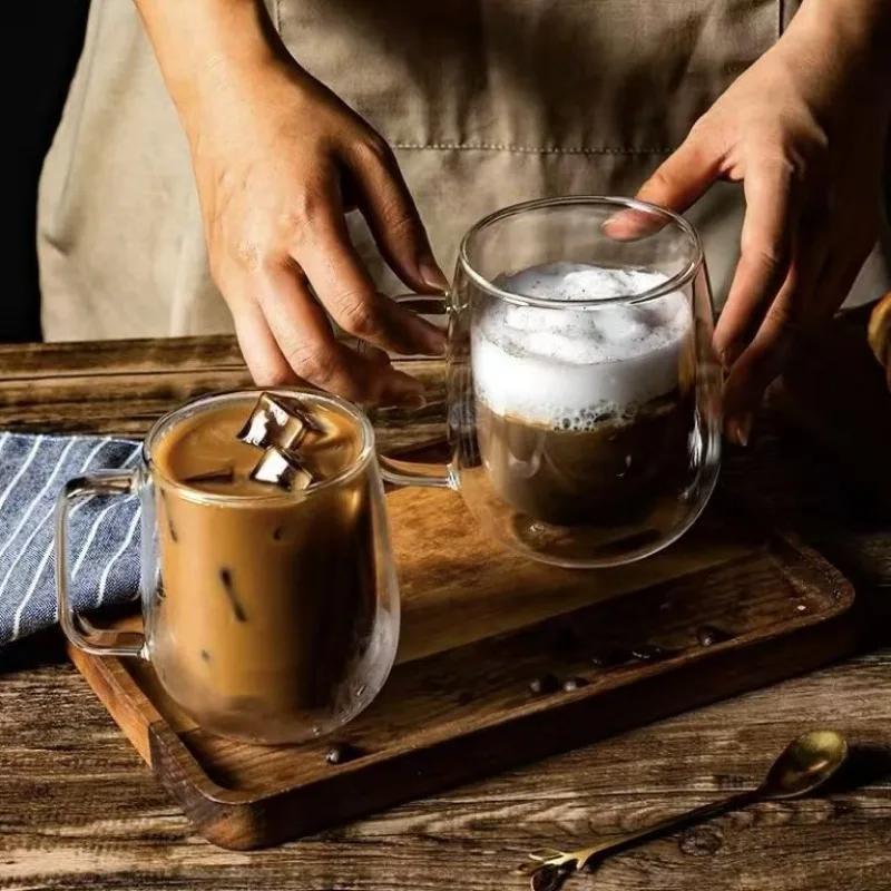 150/250/350ml Heat Resistant Glass Cups Double Wall Glass Coffee Cup with Handle Breakfast Milk Water Cup Clear Juice Beer Cups