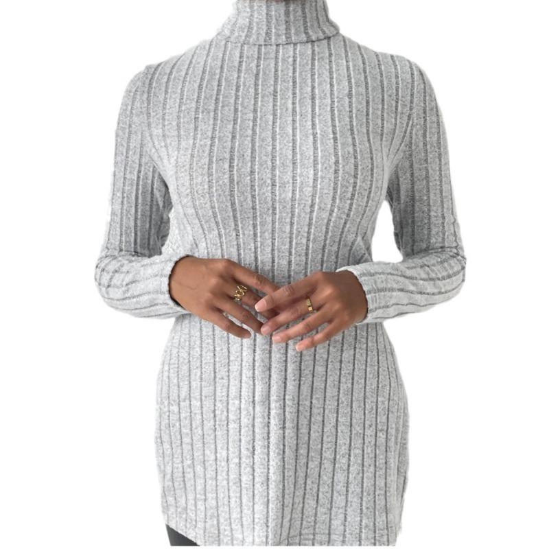 Women's High Neck Autumn and Winter Open Slim Bottoming Striped Medium-length Jumper