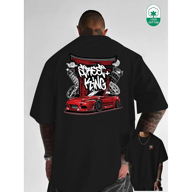 European Size Men Crew Neck T Shirt, Heavy Metal Racing Letter Front Back Print, Versatile Streetwear for Commute Office Home Leisure Daily Wear