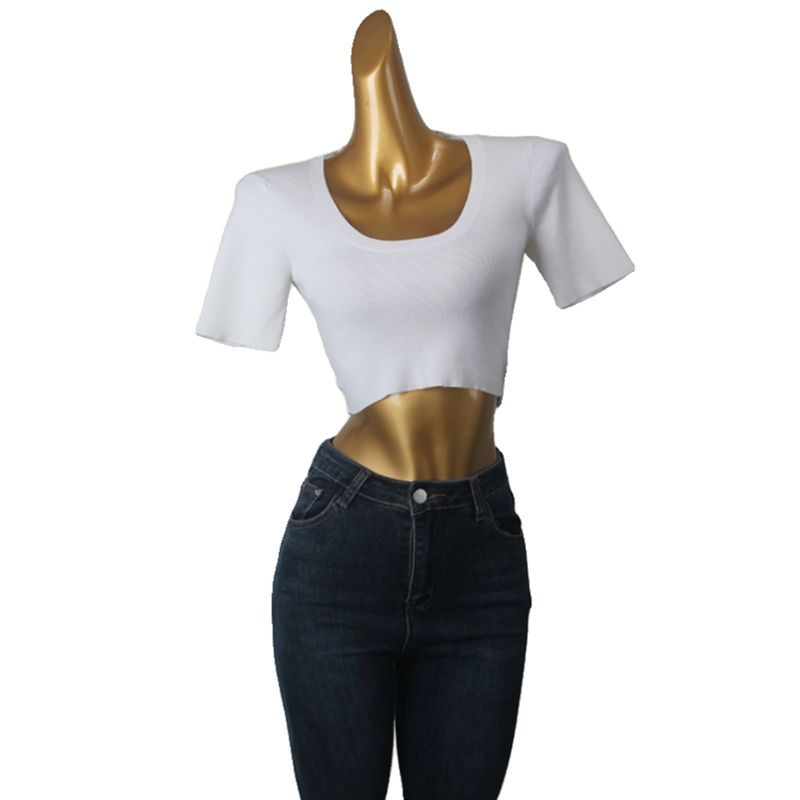 American Style Sexy Beauty Back T-shirt Summer Low Round Neck Sexy Pure Color Short Sleeve Knitting Short Tops