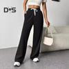 Women Pants Elastic High Waist Adjustable Drawstring Straight Wide Leg Trousers with Pockets Solid Color Casual Pants