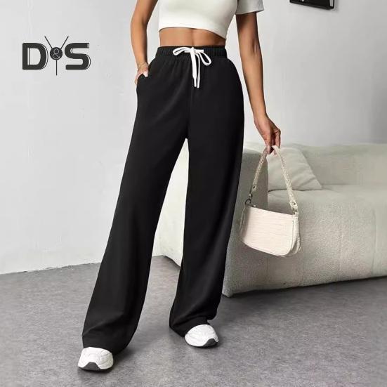 Women Pants Elastic High Waist Adjustable Drawstring Straight Wide Leg Trousers with Pockets Solid Color Casual Pants