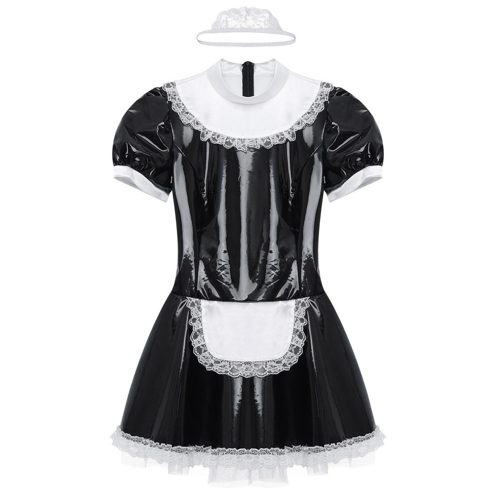 Женское глянцевое лакированное кожаное платье горничной с повязкой на голову и оборками, кружевной фартук с пышными рукавами, униформа горничной, платье для косплея, наряды