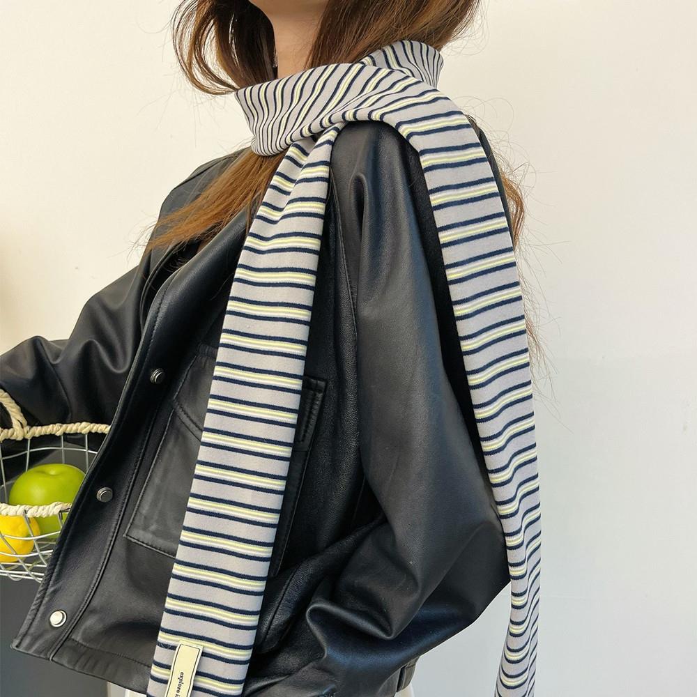Y2K Harajuku Cotton Scarves Narrow Blue White Striped Scarf Women Fashionable Decorative Neckerchief Winter Warmth Long Scarf