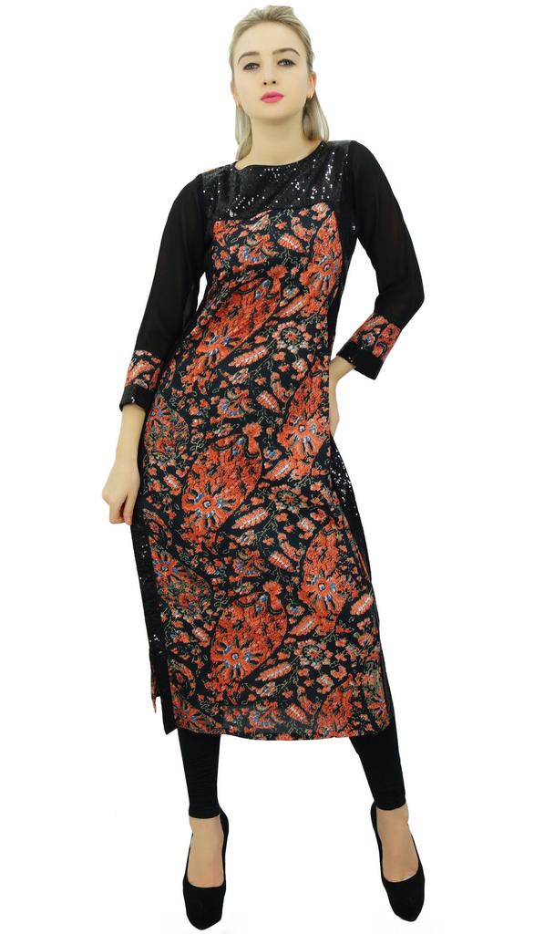 Phagun Black Rayon Mid Calf Printed Striaght Kurti Women Casual Clothing-10