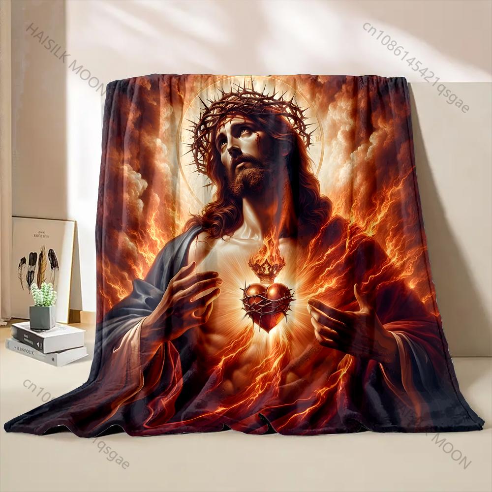 1PC Burning Sacred Heart with Crown Print Blanket Warm Soft Fluffy Kids and Adult Sofa Bed Throw Blanket Outdoor Travel Camping
