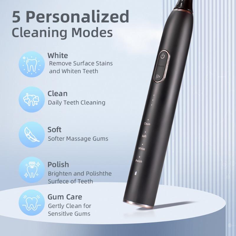 Sonic Electric Toothbrush Rechargeable with 6 Brush Heads and Travel Case 5 Modes Deep Cleaning Dental Cleaner
