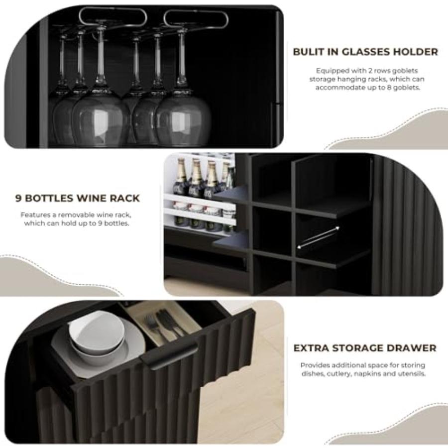 Coffee Bar Cabinet with Fridge Fridge Included,Fluted Wine Bar Cabinet with Wine Rack and Glass Holder, Buffet Sideboard Table