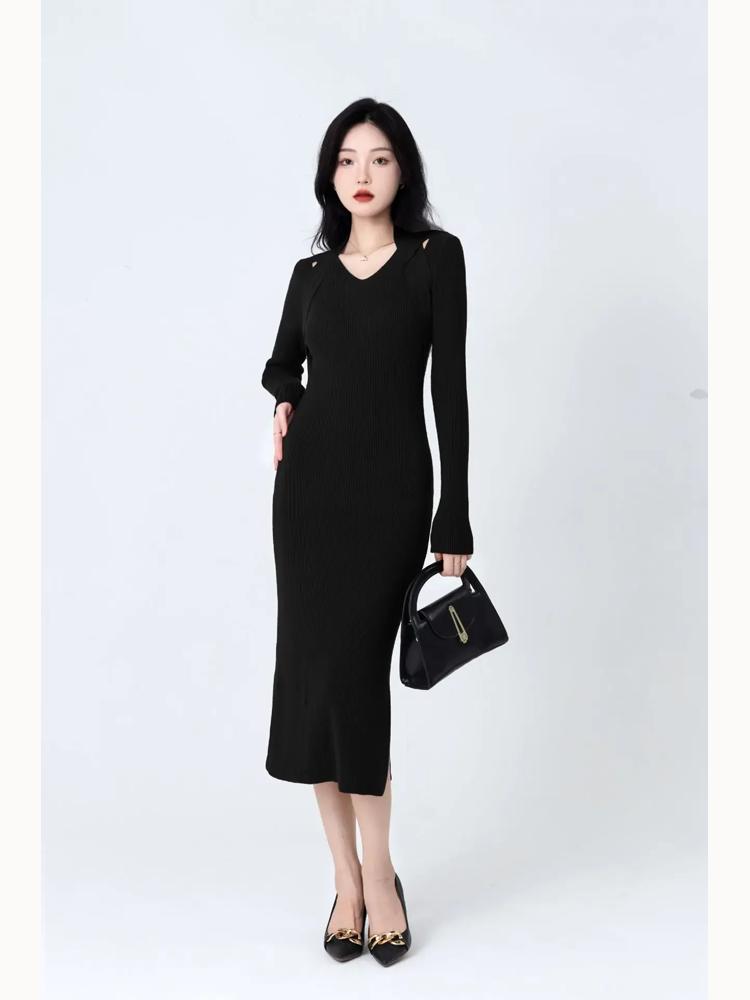 Элегантное женское трикотажное платье, темпераментное ретро-платье с вырезом, осень-зима, модные женские платья с длинными рукавами и юбкой для женщин 2025