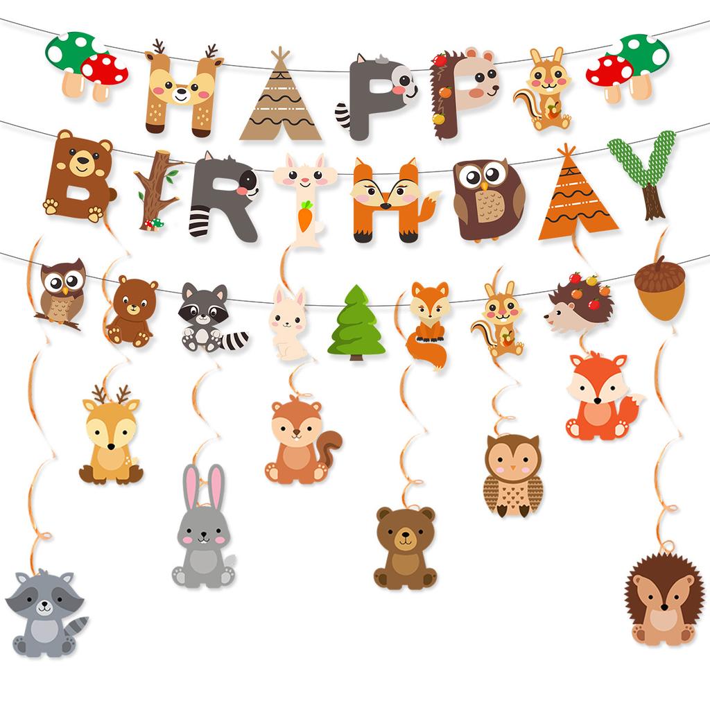 Mori Small Animal Birthday Flag Latte Flower Spiral Pendant Set Fox Hedgehog Birthday Banner