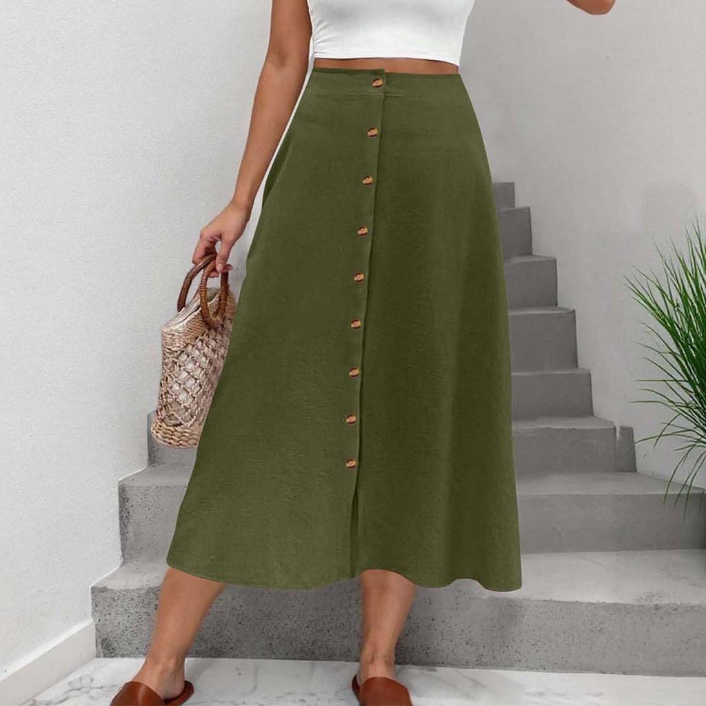 Women's Half Length Skirt With Front Button, Summer Casual Elastic Waist, Pocket A-line Half Length Skirt
