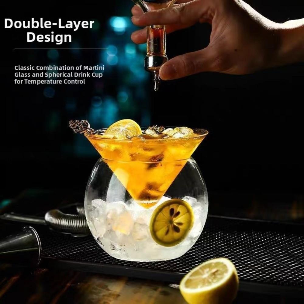 Triangle Base Ball Martini Cocktail Glass Double Layer Unique Cool Iced Coffee Cup Transparent Juice Cup