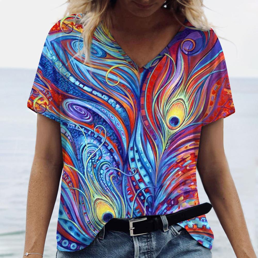Summer V Neck Women T-Shirts Peacock Feather Graphic Fashion Short Sleeve Harajuku Y2k Top Oversized Casual Female T Shirt