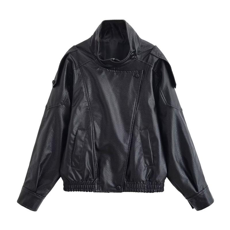 Womens Stand Collar Long Sleeve Faux Leather Jacket With Texture Streetwear Oversized PU Coat Fall 2026