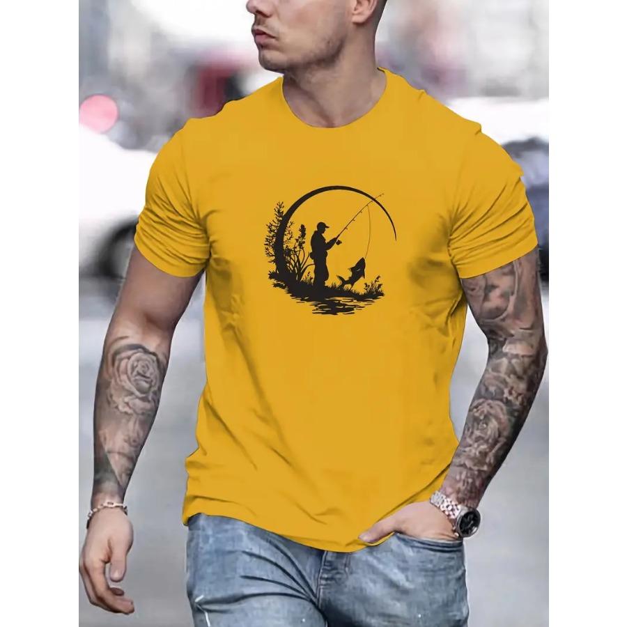 Мужская футболка с графическим принтом для рыбалки - Базовая футболка с круглым вырезом из 100% полиэстера, слегка тянущаяся, однотонная, летний повседневный топ из трикотажной ткани