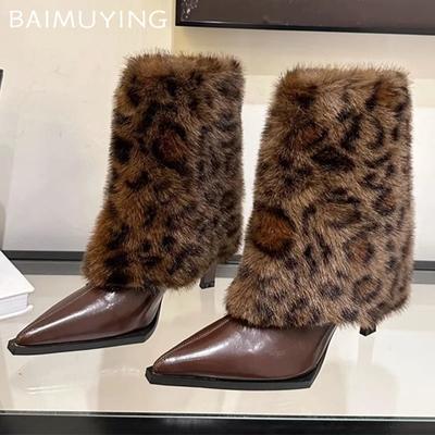 Остроносые меховые женские ботильоны на шпильках, высокие каблуки, сексуальные кожаные туфли для женщин, тренд 2025 года, зимние сексуальные панк-ботинки «челси» для женщин