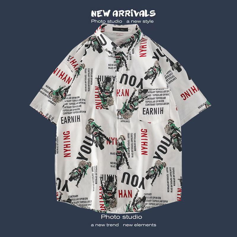 Retro Floral Shirt Blouse for Man Hawaiian Short-sleeved Floral Shirt Men's Loose Trend Couple All-match Five-point Sleeves