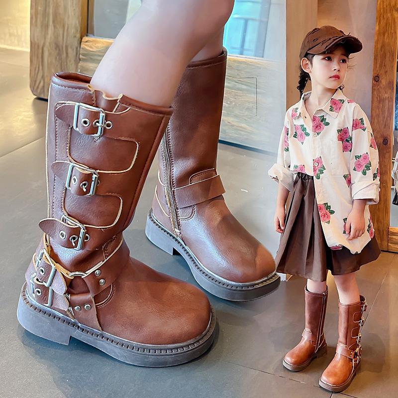 Детские модные длинные сапоги-трубы с флисом, зимние новые стильные черные джинсовые кожаные сапоги для девочек с боковой молнией, хлопковые сапоги в тренде