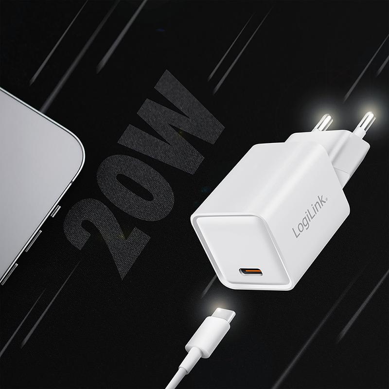LogiLink USB-C GaN Charger 20W Power Delivery 3.0 Quick Charge 3.0 White
