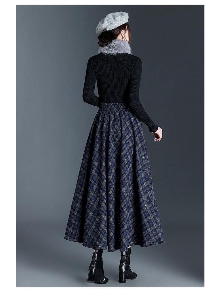Plaid Drapey A-line Elastic Waist Pleated Midi Skirt - 2025 Winter Slimming Edition