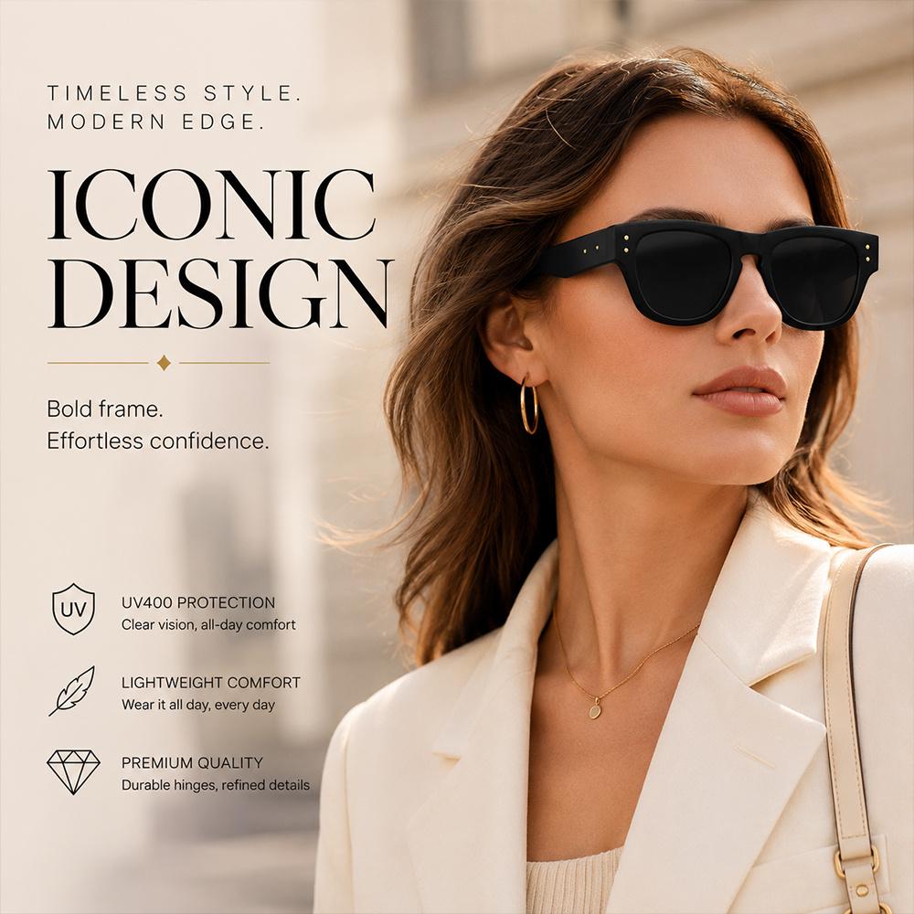 Retro Bold Square Sunglasses Unisex Black Rivet Decor UV400 Protection Fashion Shades Men Women Trendy Daily Outdoor Sun Glasses