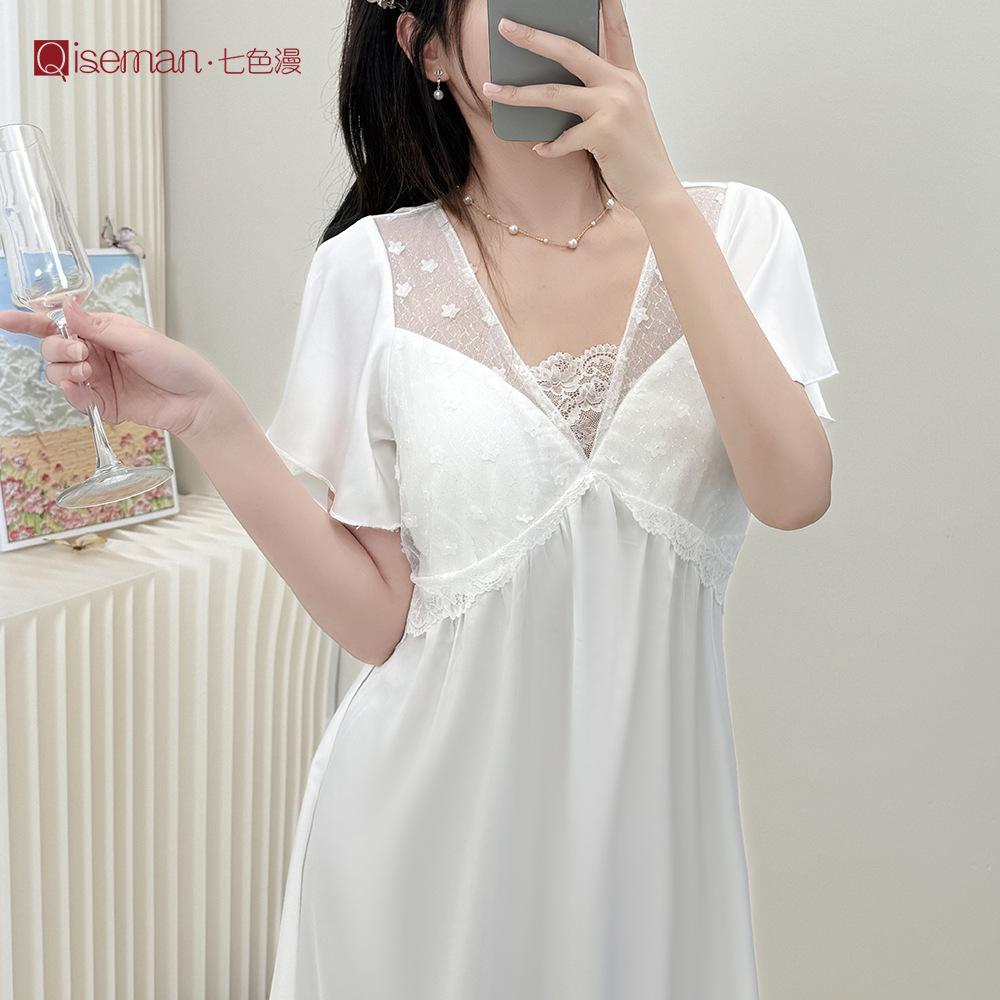 French elegant lace ice silk nightdress for women, summer long high-end short-sleeve loungewear with padded breasts, princess-style pajamas