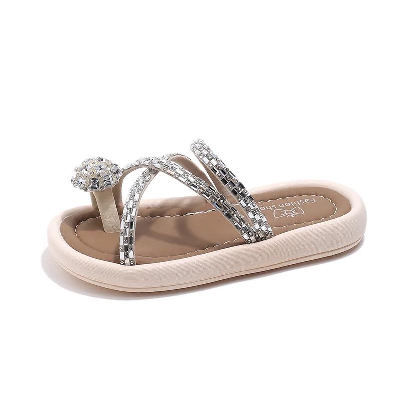 Детские тапочки с оттягивающимся носком для девочек, летняя пляжная обувь для принцессы на отдыхе, детские сандалии с кристаллами, элегантная мода
