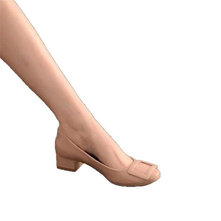 Популярные туфли-лодочки с квадратной пряжкой на толстом каблуке для женщин, весна 2025, новый французский темперамент, квадратный носок, средний каблук, офисные туфли на высоком каблуке