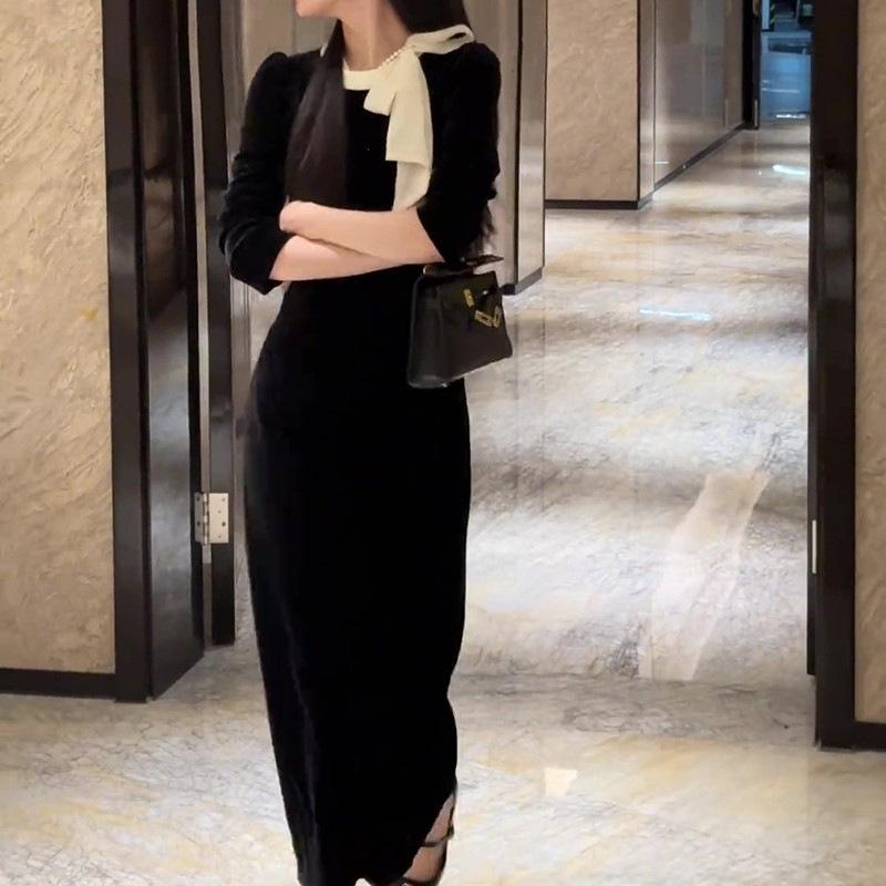 Coffee Break French Bow Celebrity Dress Women's Wear Autumn and Winter Hepburn Style Velvet Inside with Base Beautiful Long Skirt