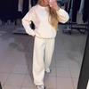 Женский европейский/американский повседневный комплект из двух предметов со стразами 2025: Круглый вырез, Длинный рукав, Манжеты на шнурке по щиколотке