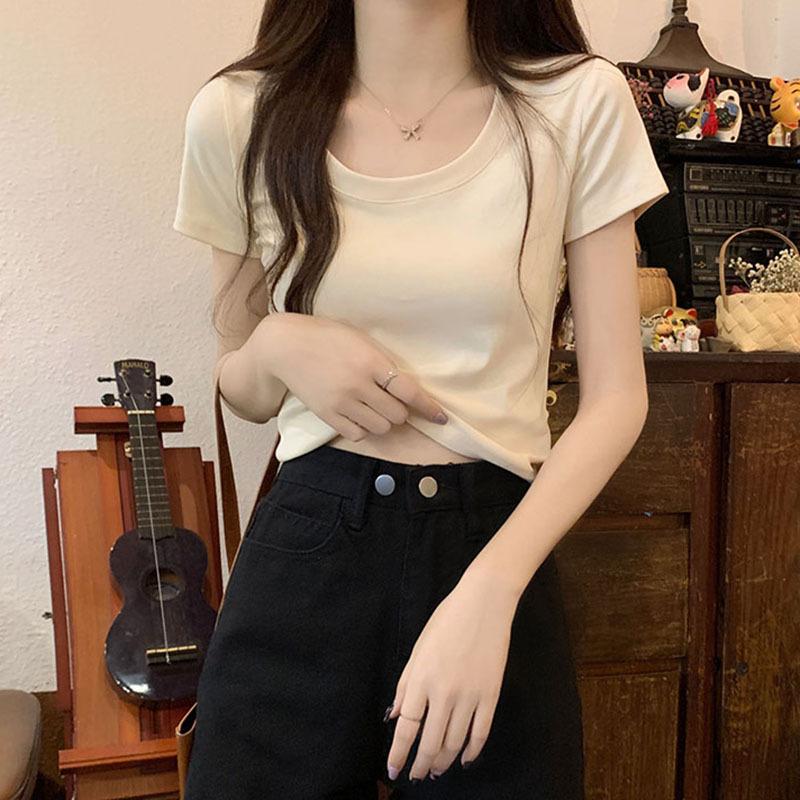 Однотонная футболка с круглым вырезом на правом плече для женщин, летняя, из чистого хлопка, эластичная, тонкая, короткая, горячая, для девушек, с короткими рукавами