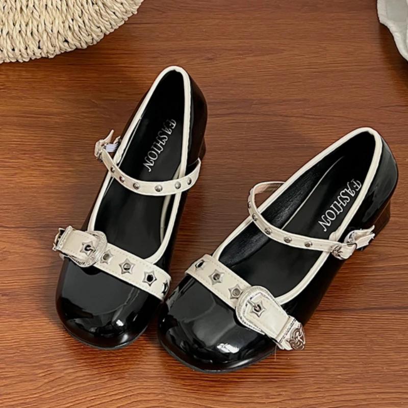 Fashion Women's Fashion Thick Heel Shoes Fall New Square Head Light Mouth Color Matching Metal Belt Buckle Heels