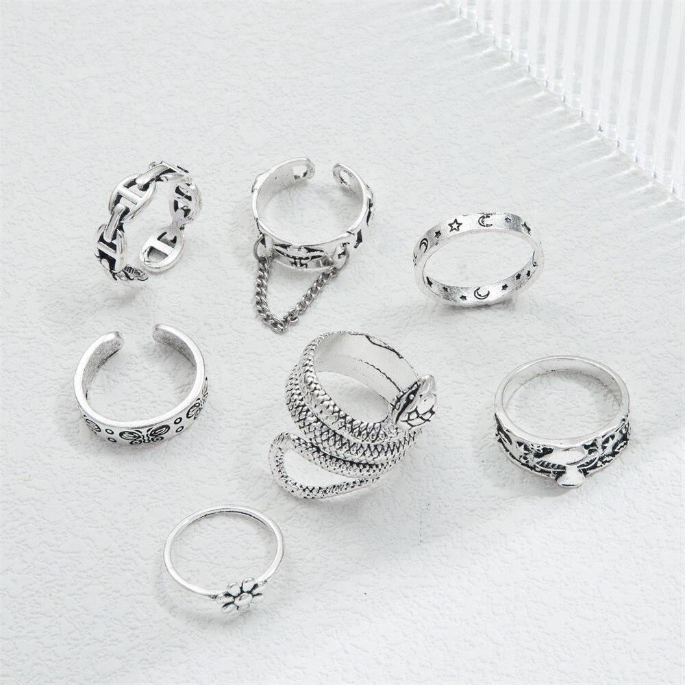 17KM Винтажный серебряный цвет, змея, бабочка, цветок, гриб, звезда, луна, набор колец для женщин и мужчин, готические кольца, модные ювелирные изделия, подарки