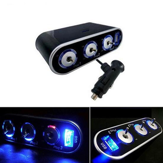 3-полосный автомобильный прикуриватель, тройной разъем, разветвитель, USB-зарядное устройство со светодиодной подсветкой