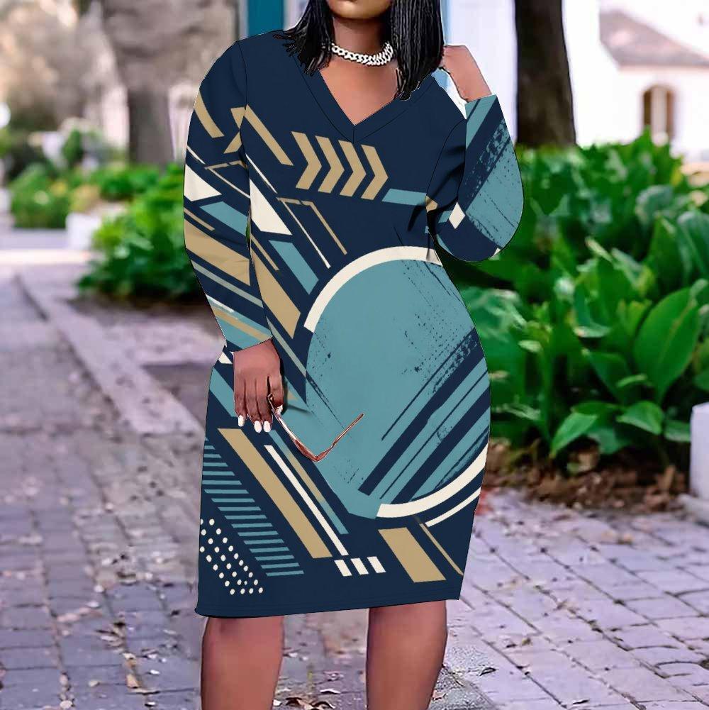 Women Plus Size V Neck Long Sleeve Printed Fitted Straight Dress