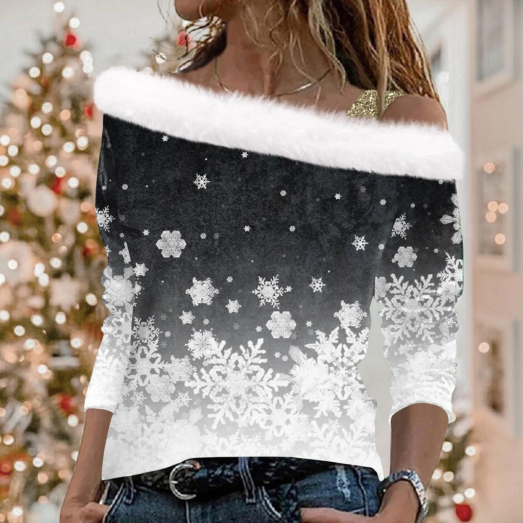 Женский повседневный свободный топ с длинными рукавами и рождественским принтом из плюша