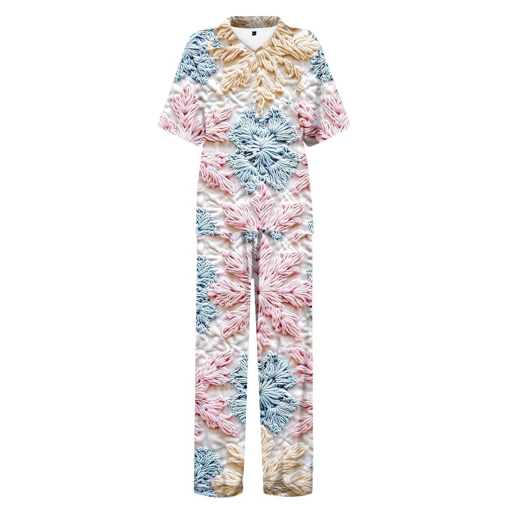 Женский рождественский пижамный комплект с принтом, женские короткие рукава, длинные брюки, комплект из двух предметов, застегивающийся на пуговицы, домашняя одежда