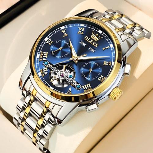 OLEVS Men's Stylish Blue Automatic Waterproof Date Luminous Business Skeleton Arm Watch Popular Brand Blue