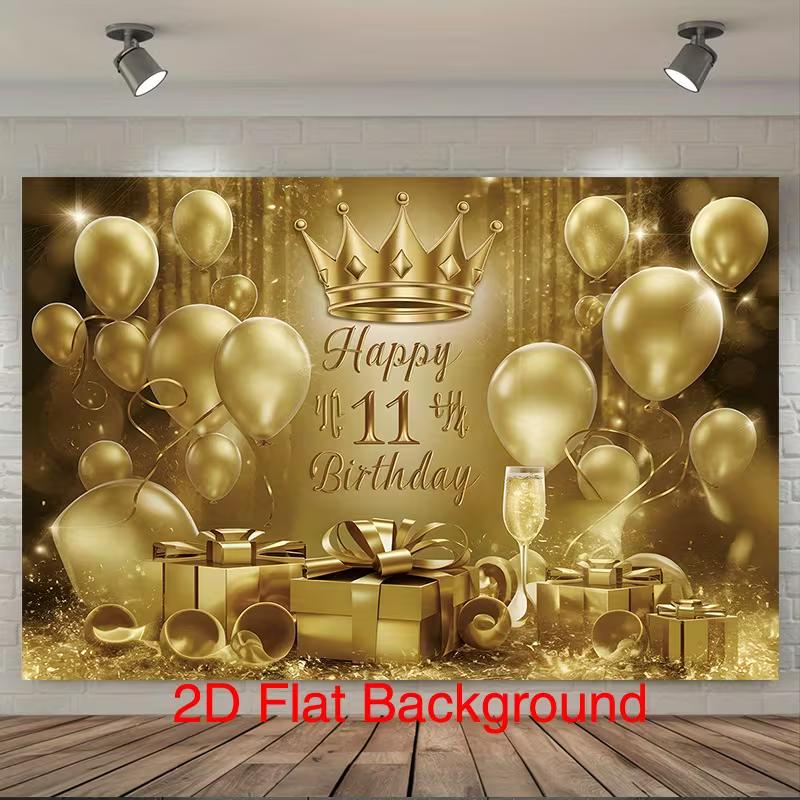 2D 11th Birthday Photography Backdrop Golden Crown & Balloon Photo Booth Banner