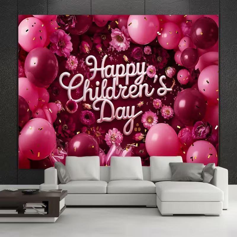 2D Happy Children's Day Backdrop, Pink & Magenta Balloon Flower Party Background