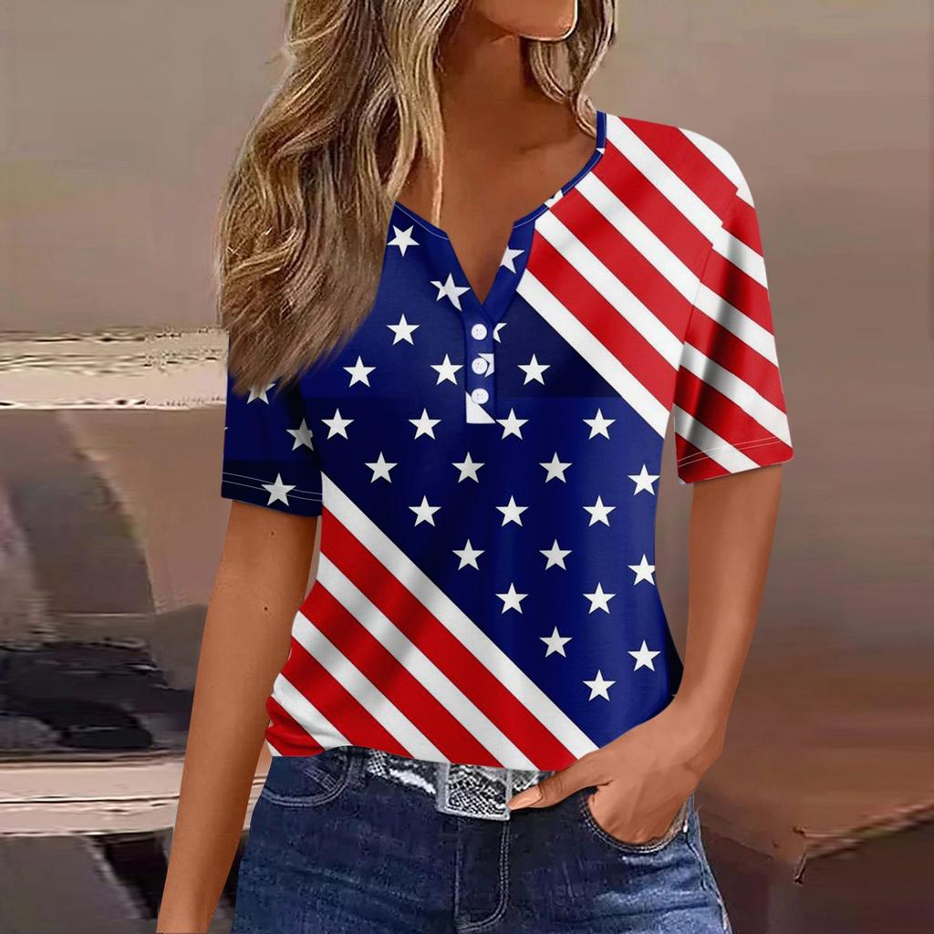 Жен. Футболка Футболка День независимости С принтом Пуговицы С короткими рукавами Повседневные Выходные Мода Классический Классический V-образный вырез Обычный Топ
