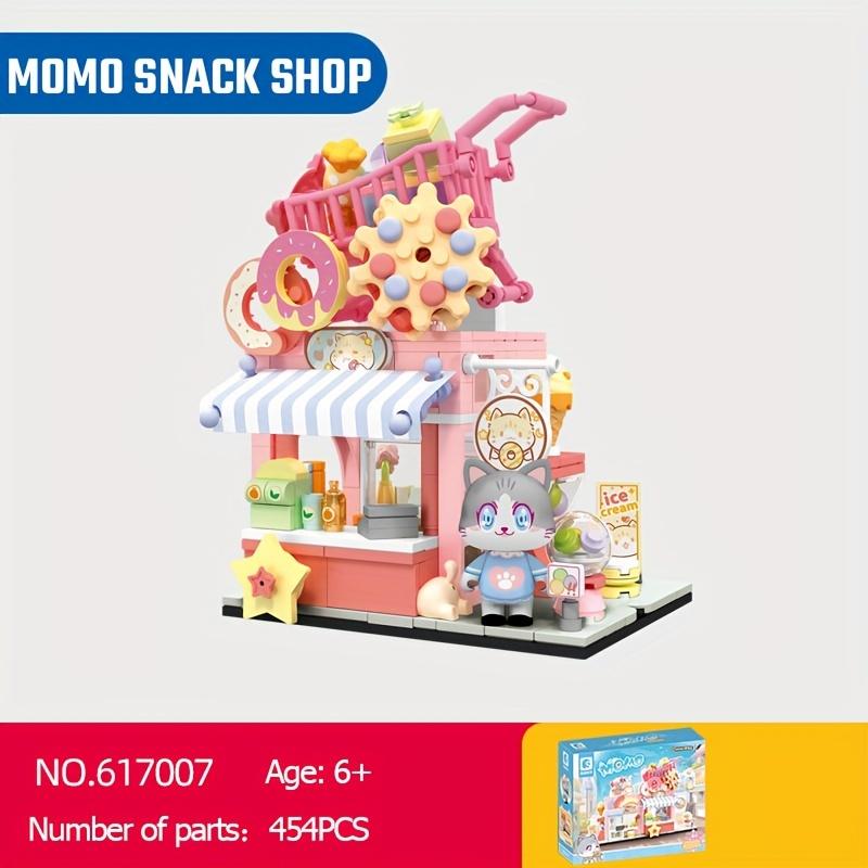 Набор строительных блоков с изображением кошек, кофейней, пекарней и магазином игрушек, вид на город и улицу, идеальный для декора дома и подарков