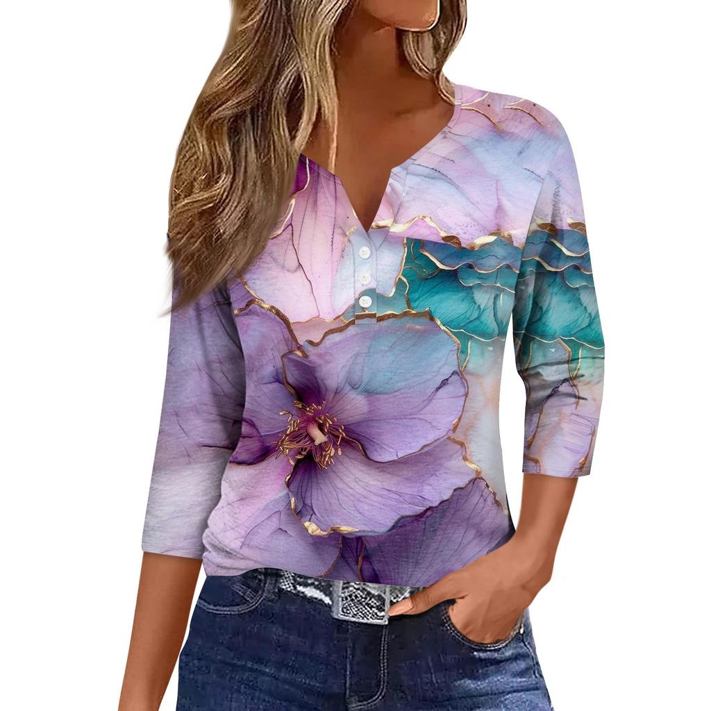 Женская модная повседневная футболка с коротким рукавом и V-образным вырезом, декоративными пуговицами и рукавом три четверти