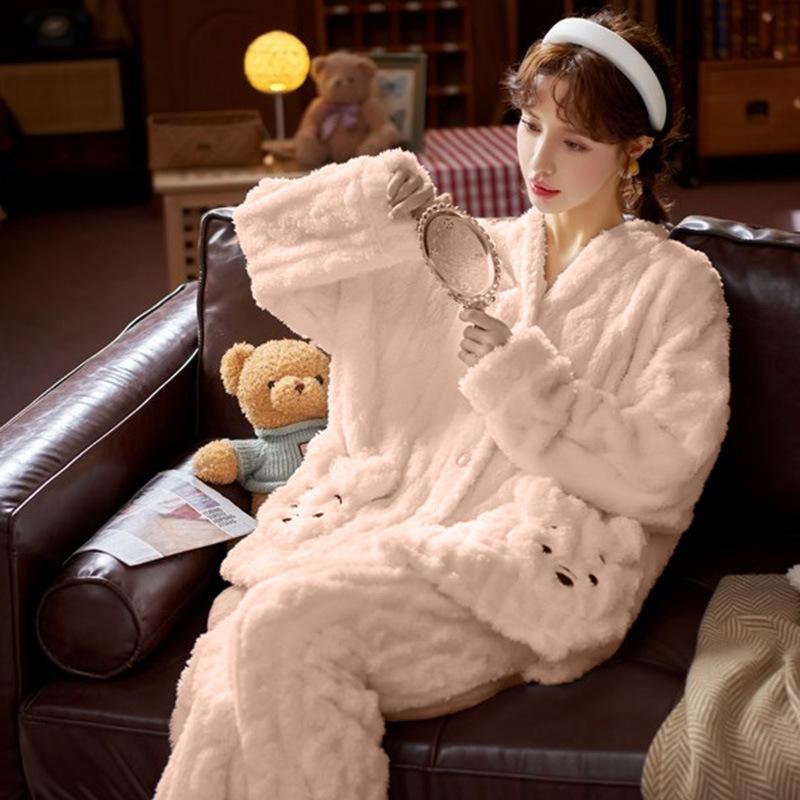 Фланелевая пижама с медведем и карманами для женщин с принтом, корейская милая повседневная свободная одежда для девочек Kawaii, осенне-зимняя теплая одежда для сна, шикарная тенденция
